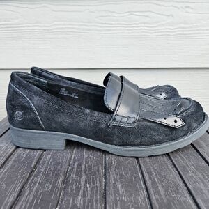 Born Black Suede Leather Penny Loafers with Fringe Slip On Shoes F3003 Womens 10